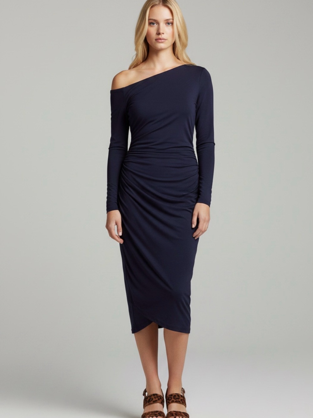 VENUS Midnight Blue Long-Sleeve Draped Wrap Dress LG